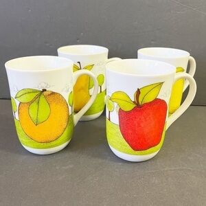 Dept 56 Orchard Pattern Mugs Lynda Sylvester Orange Lemon Pear Apple Fall Lot 4x